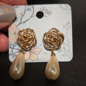 Gold Floral Pearl Drop Earrings
